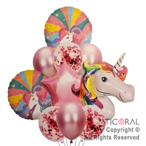 SET DE GLOBOS METALIZADOS UNICORNIO Y LATEX CON CONFETI x 10 UNIDADES